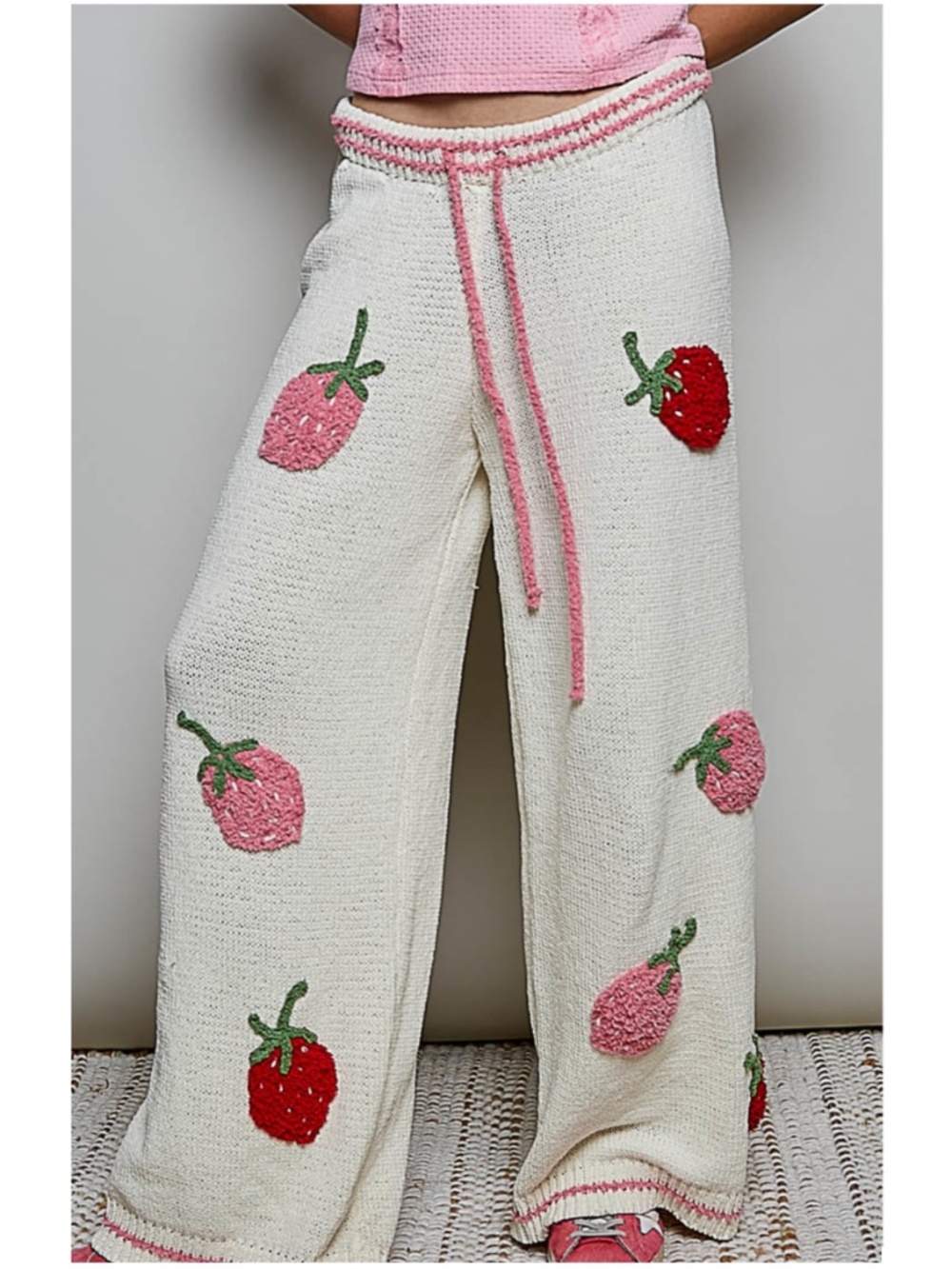 POL Strawberry Patch Chenille Stretchy waist Pants